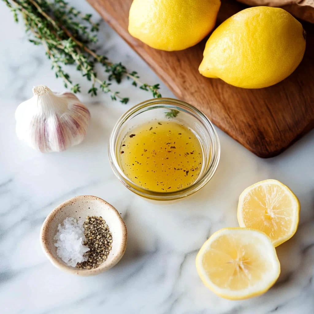 Ingredients for lemon Dijon dressing: lemon, Dijon mustard, olive oil, and garlic.