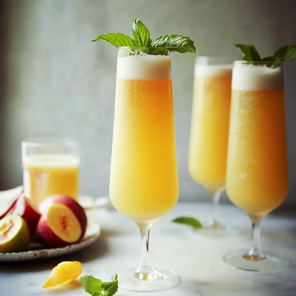 Close-up of a peach Bellini mocktail with a mint sprig on the glass rim
