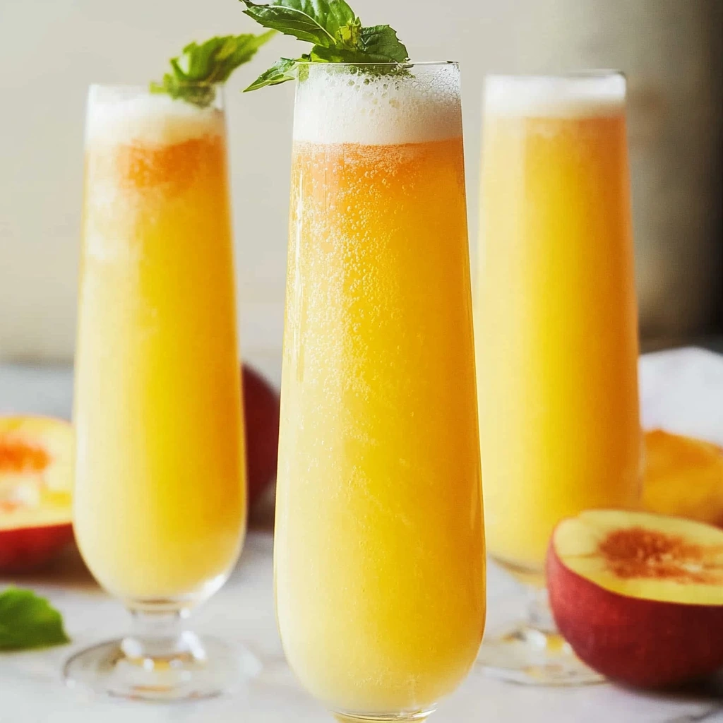 Refreshing Peach Bellini Mocktail in a glass with mint garnish