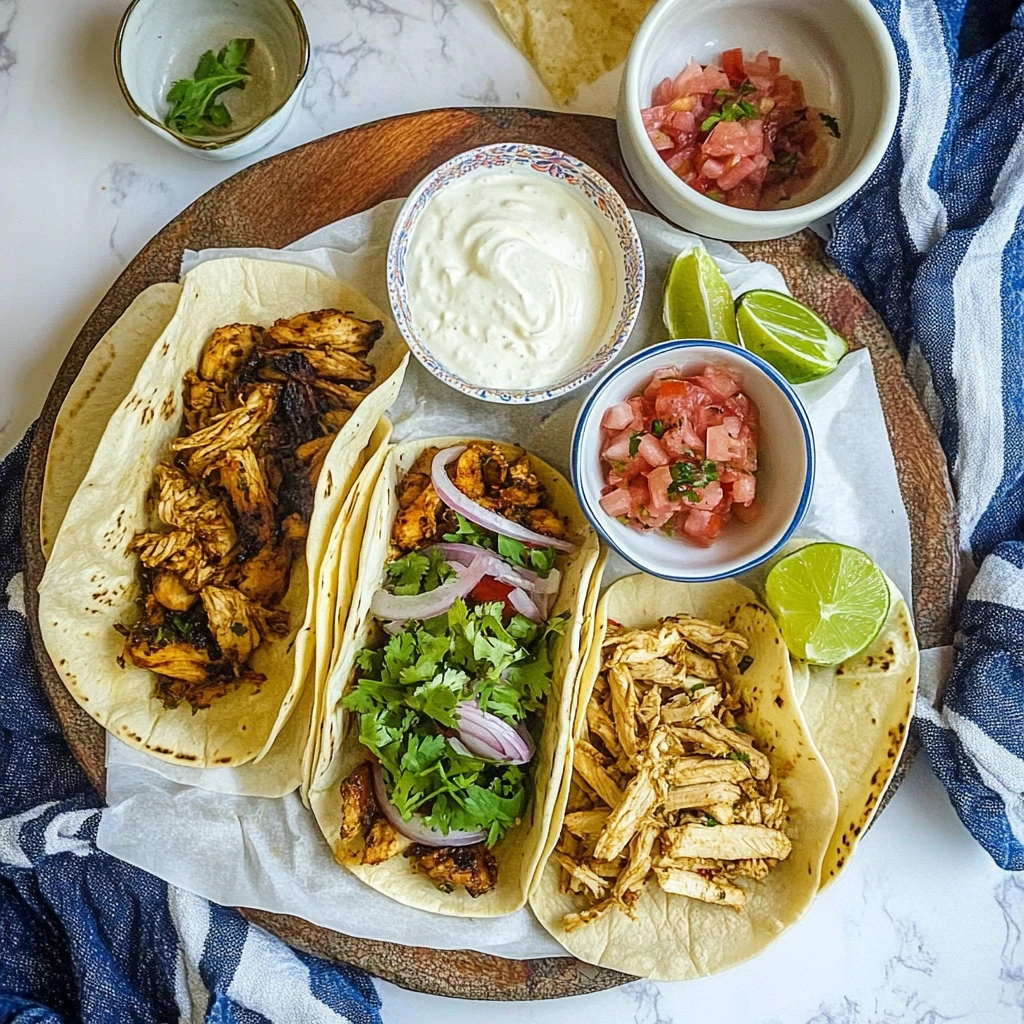 Ingredients for Sharma Tacos including chicken, spices, tahini sauce, red onion, tomatoes, and tortillas ready for preparation.
